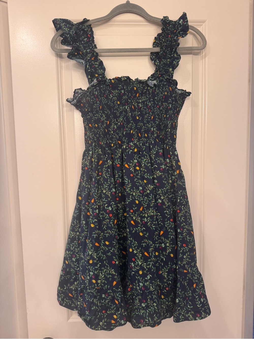Hill House Navy Mini Dress with Green and Orange Floral Motif - Picture 2 of 4